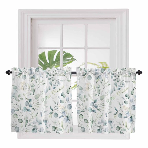 Sage Green Eucalyptus 2 Panel Kitchen Curtains for Small Windows, Summer Leaves Pastoral Botanical Bathroom Tier Curtain, Short Window Treatment for Bedroom/Living Room 55"x24"