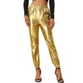 thumbnail image 1 of INSPIRE CHIC Pantalones metálicos holográficos brillantes de cintura alta para mujer, XL, color champán dorado, 1 of 6