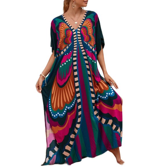 Edolynsa Moroccan Kaftan Dresses Caftan Tunic Kimono Dress Swimwear Cover up for Women Beachwear