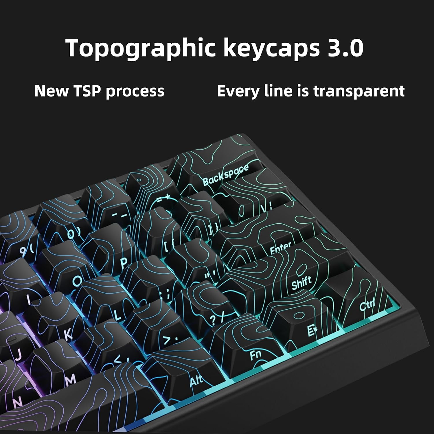 Double Shot PBT Keyboard keycaps Set,Black Topographic,Shine Through Custom keycap,Side Printed keycaps dye sub,Cherry Profile keycap for TKL US Layout Mechanical Keyboard(134keys)