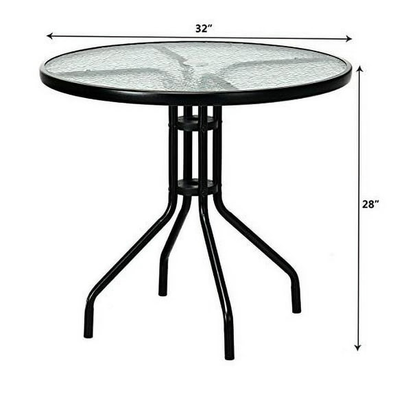 KOTEK 32'' Round Patio Table, Outdoor Bistro Table w/Umbrella Hole, Outdoor Coffee Table Dining Table w/Tempered Glass Top & Metal Frame for Backyard Lawn Balcony Pool