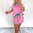 thumbnail image 5 of Women's Casual 2 Piece Short Sleeve Crew Neck Color Block Pullover Tops Matching Drawstring Mini Skirt Going Out Lounge Outfits, 5 of 7