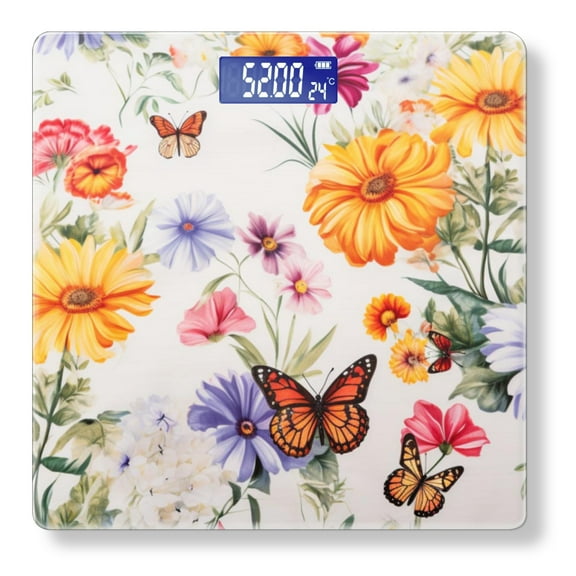 Bathroom Scale, Highly Accurate Digital Body Scale,Precisely Measures Weight up to 400 lbs-Beautiful Summer Flowers And Butterflies On White Background