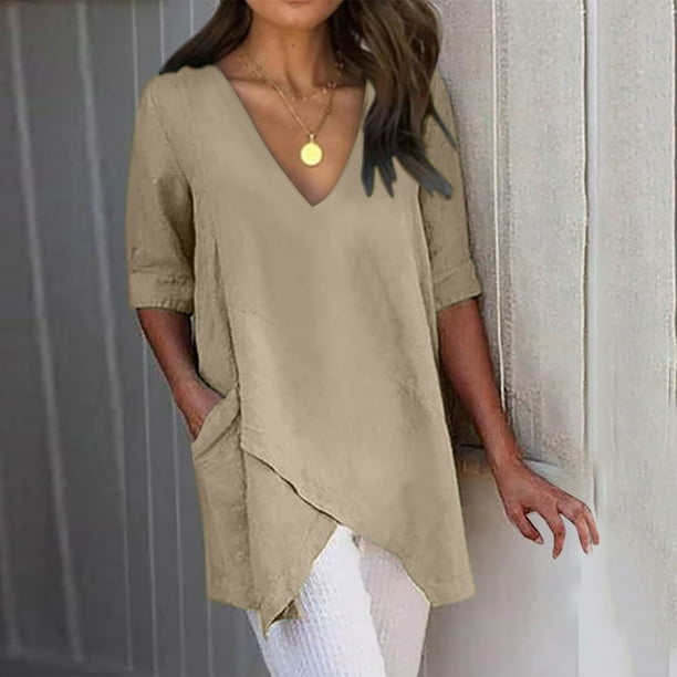 ICHUANYI Clearance Women's Summer Fashion Cropped Sleeves V-Neck Cotton Line Loose Shirt Blouse(Khaki, L) ICHUANYI WER2023080701661