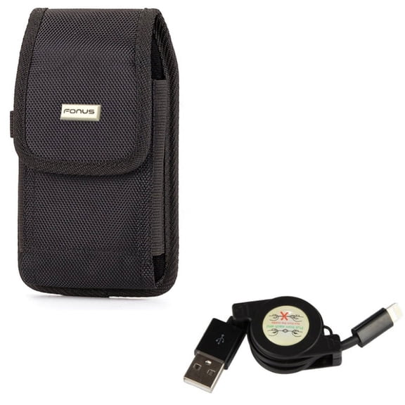USB Cable w Case Belt Clip for iPhone XS - Retractable Charger Power Cord Sync, Rugged Holster Canvas Cover Pouch for iPhone XS