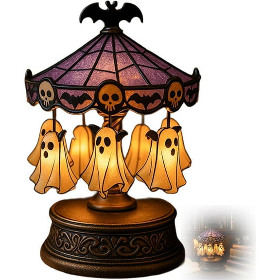 Ghost Carousel Lights, Ghost Night Light Up Kit, Halloween Spooky Ghost Carousel Lamp Decorations Indoor, Rechargeable Vintage Carousel Decor for Halloween Party or Gift (1PCS)