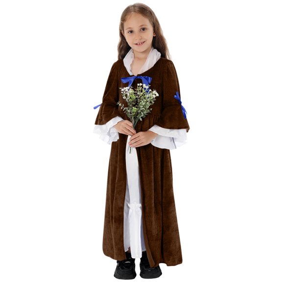 BRGZLK Medieval Princess Costume Solid Color Long Sleeve Round Neck Gown French Retro Long Skirt Flower Girl Dress Robe Gown Brown 14-15 Years