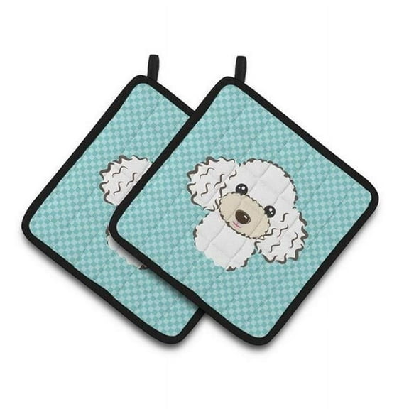 Checkerboard Blue White Poodle Pair of Pot Holders, 7.5 x 3 x 7.5 in.