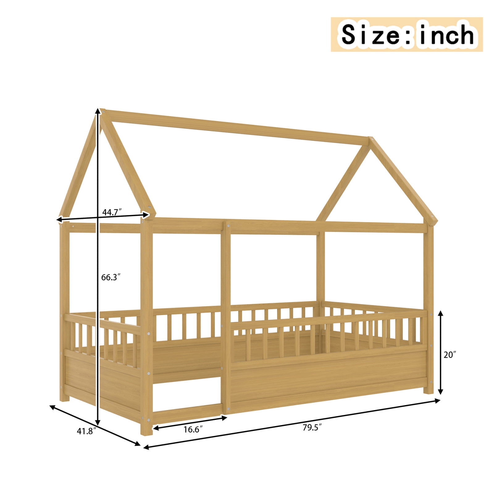 Twin Size Montessori Bed, Wooden Floor House Bed with 20" High Fence and Roof, Montessori Floor Beds Without Slats for Boys,Girls, Natural