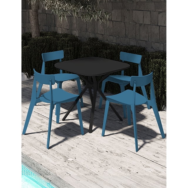 OFFIHO Set mesa Tonnati Negro + 4 sillas Kipali Azul para exterior resistente a rayos UV de polipropileno