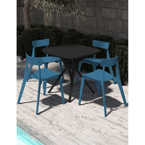 OFFIHO Set mesa Tonnati Negro + 4 sillas Kipali Azul para exterior resistente a rayos UV de polipropileno