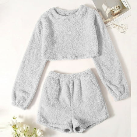 

WANYNG pajamas for women Solid Long Sleeve O-neck Pullover Leisure Blouse Tops + Shorts Set womens fall fashion 2022 Gray L