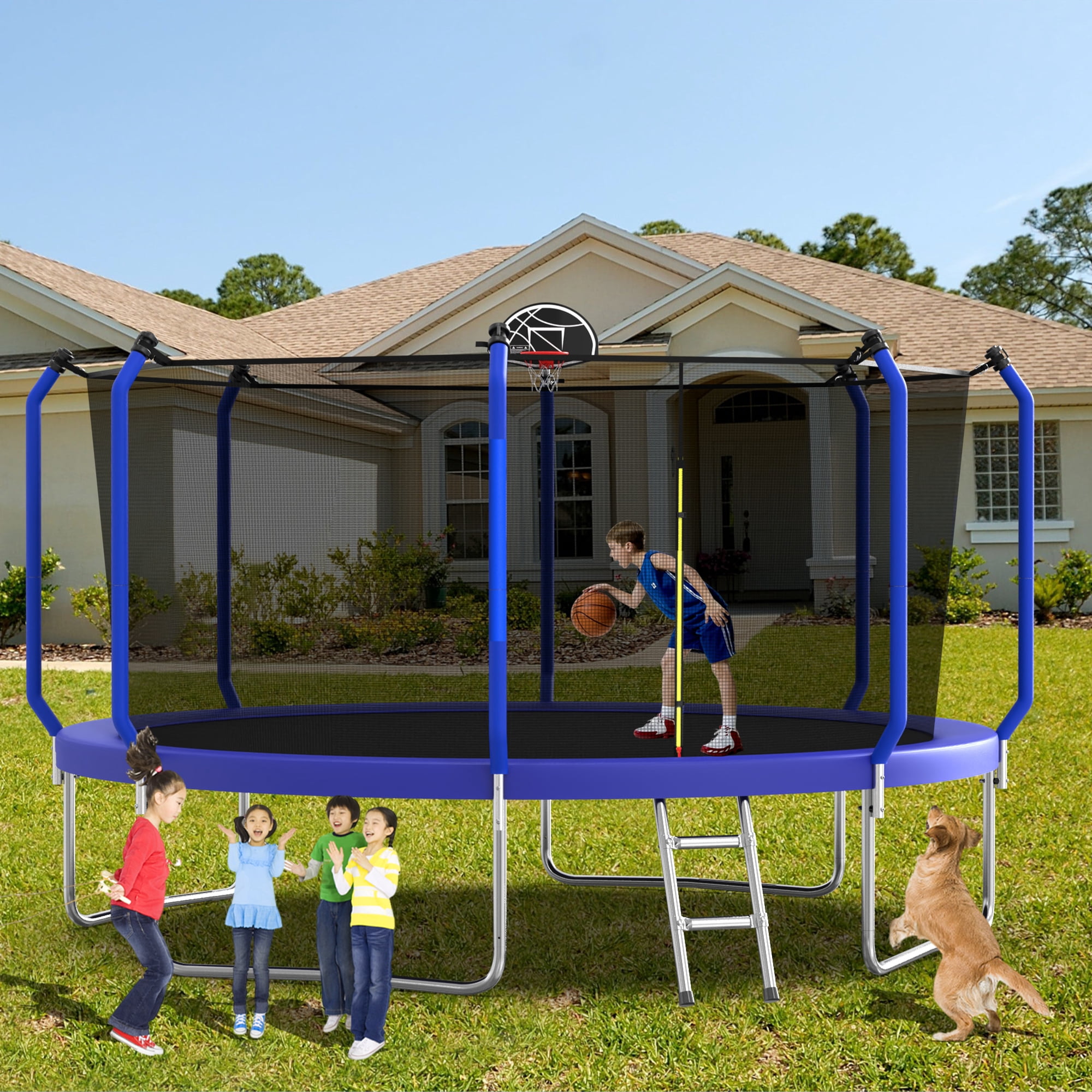 Aukfa 14 FT Trampoline with Safety Enclosure, Basketball Hoop & Ladder, Heavy-Duty Outdoor Jumper for Kids & Adults, Blue