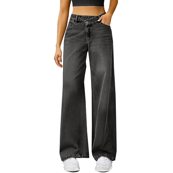 Audhol Womens Jeans, Jeans for Women High Waist Baggy Wide Leg Jeans Stretchy Denim Pants Stretchy Jeans for Women Black L