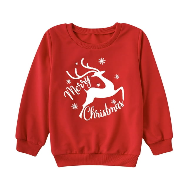 niños niño niña hombres moda casual manga larga navidad impreso padre-hijo sudadera Rojo, vista frontal centrada de sudadera infantil con cuello O y mangas largas, puños y dobladillo acanalados, estampado blanco de reno saltando con texto Merry Christmas y copos de nieve, mezcla de algodón para uso casual diario; suele usarse también para fotos navideñas familiares.