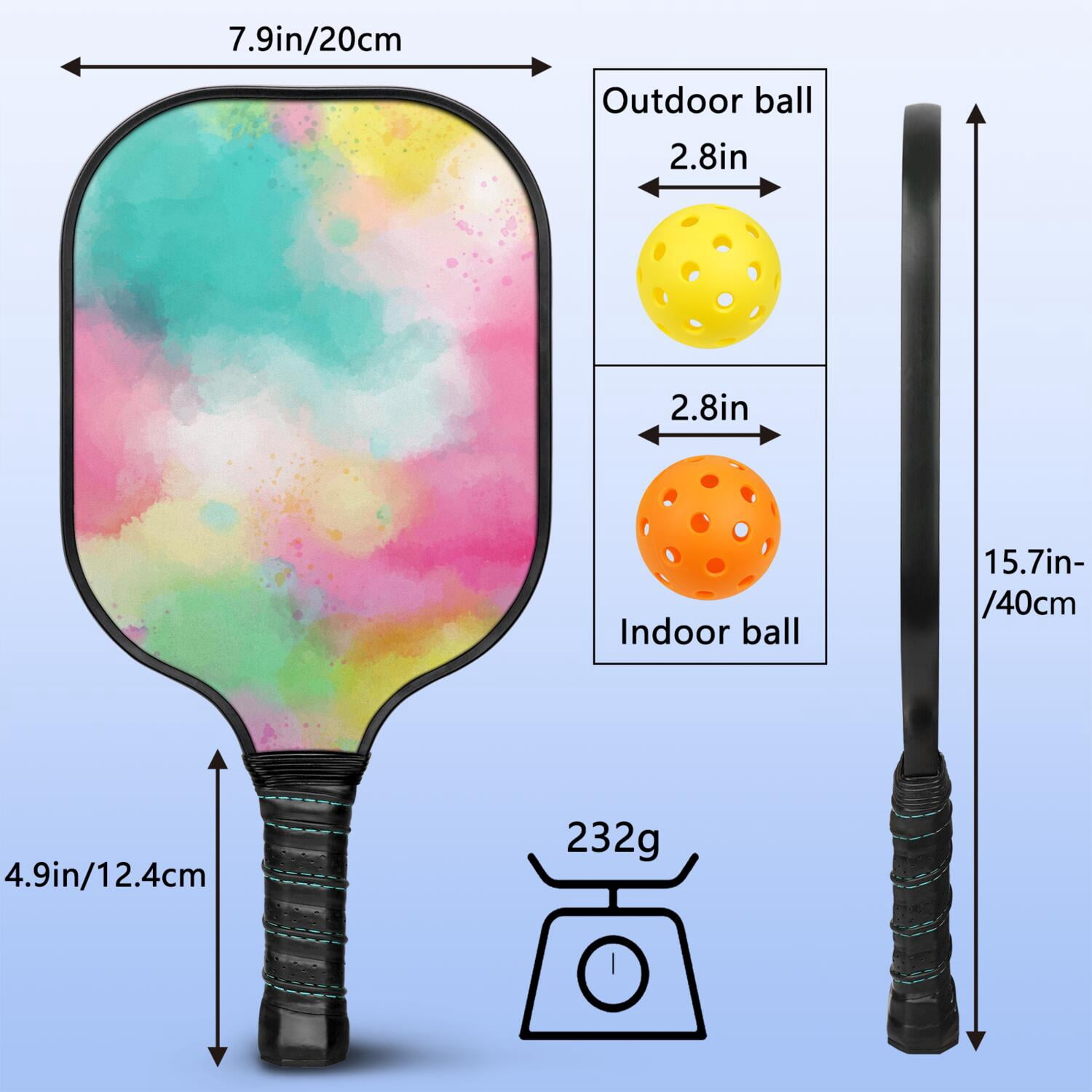 Pickleball Paddles Set Of 2, Fiberglass Surface, Fluid Smoke Aurora Art Style, 4 Balls & Bag