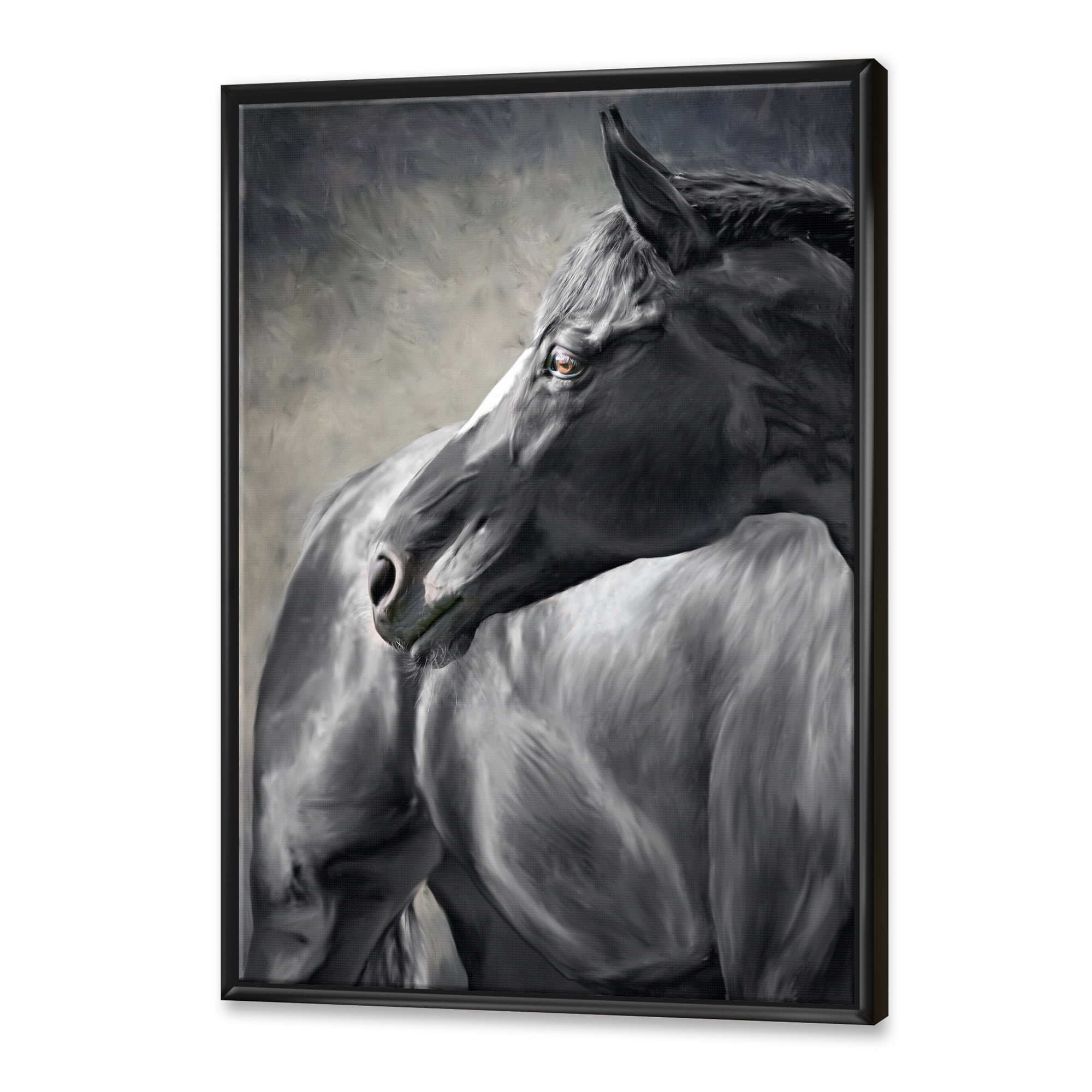 Designart 'Close Up Of A Black Horse' Farmhouse Framed Canvas Wall Art Print