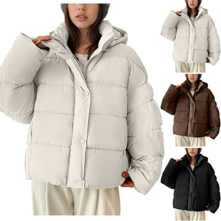 Feancey Women s Winter Coats with Removable Hood Cropped Casual Puffer Jackets Thermal Quilted Bubble Coat Padded Warm Down Jacket Black L