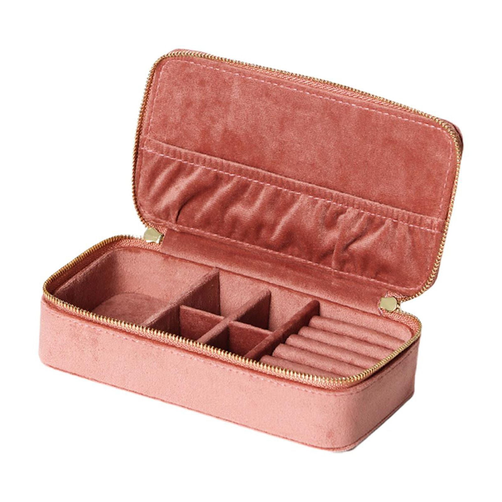 FVDPWYE Jewelry Box Organizer Dual Zippers Removable Partition Traveling Portable Velvet Pink
