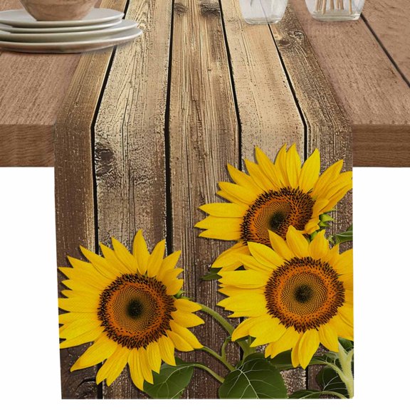 nqOlkjepod Sunflower Table Runner 48 Inches Long Farmhouse Dress Scarves, Yellow Spring Flora Summer Botanical Wooden Dining Tablerunner for Coffee Table/Kitchen Island/Party Décor, 13" x 48"