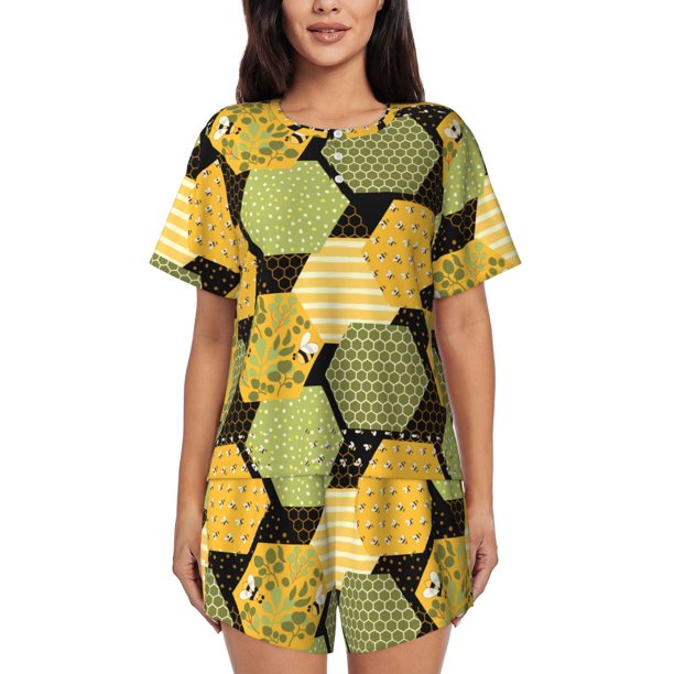 Balery Bee honey Conjunto de Pijama para Mujer con Estampado, Dos Piezas de Manga Corta y Shorts, Ropa de Dormir Suave con Cuello Redondo y Bolsillos-Small