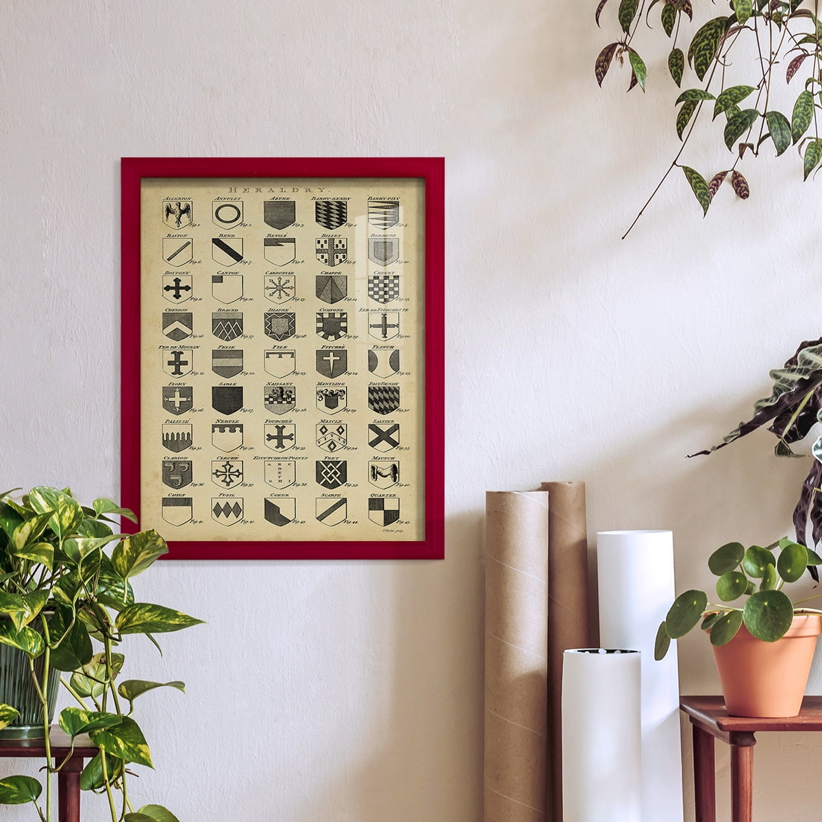 Vintage Heraldry I -Framed Print w/glass-Cherry Red