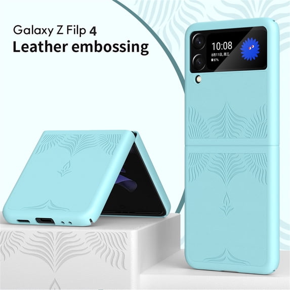 SaniMore for Samsung Galaxy Z Flip 4 6.7" 360° All-Inclusive Folding Embossed Case, Rugged PC & PU Leather Lightweight Anti-Fingerprint Military Grade Shockproof Protective Cover, Iceblue