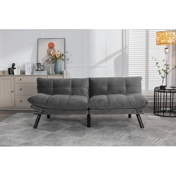 Modern Velvet Convertible Futon Sofa Bed with Adjustable Backrest, Compact Loveseat for Living Room, Bedroom, and Office (Grey)