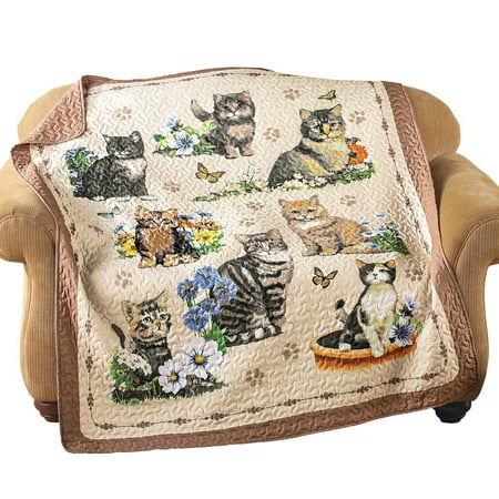 Devils Throw Blanket - Quilted Throw Blanket, Charming Cat / Kitten and Floral Collage, 6' x 5' , Multi