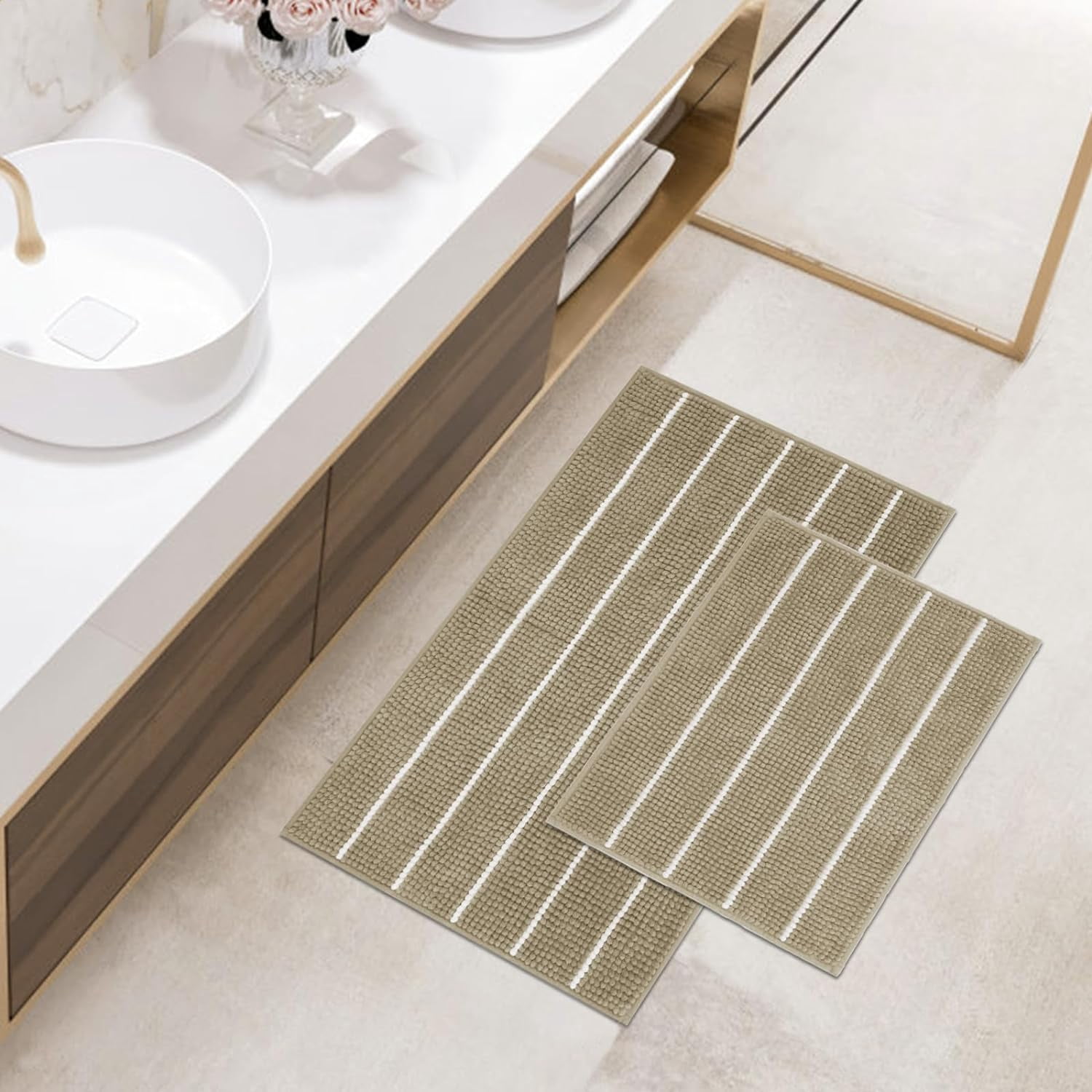 Stripe Chenille Bathroom Rugs Set 2 Piece 17"x24"+20"x32", Water Absorbent Soft Bath Mat for Bathroom, Non Slip Bath Rug Washable Quick Dry Shower Mats, Beige and White