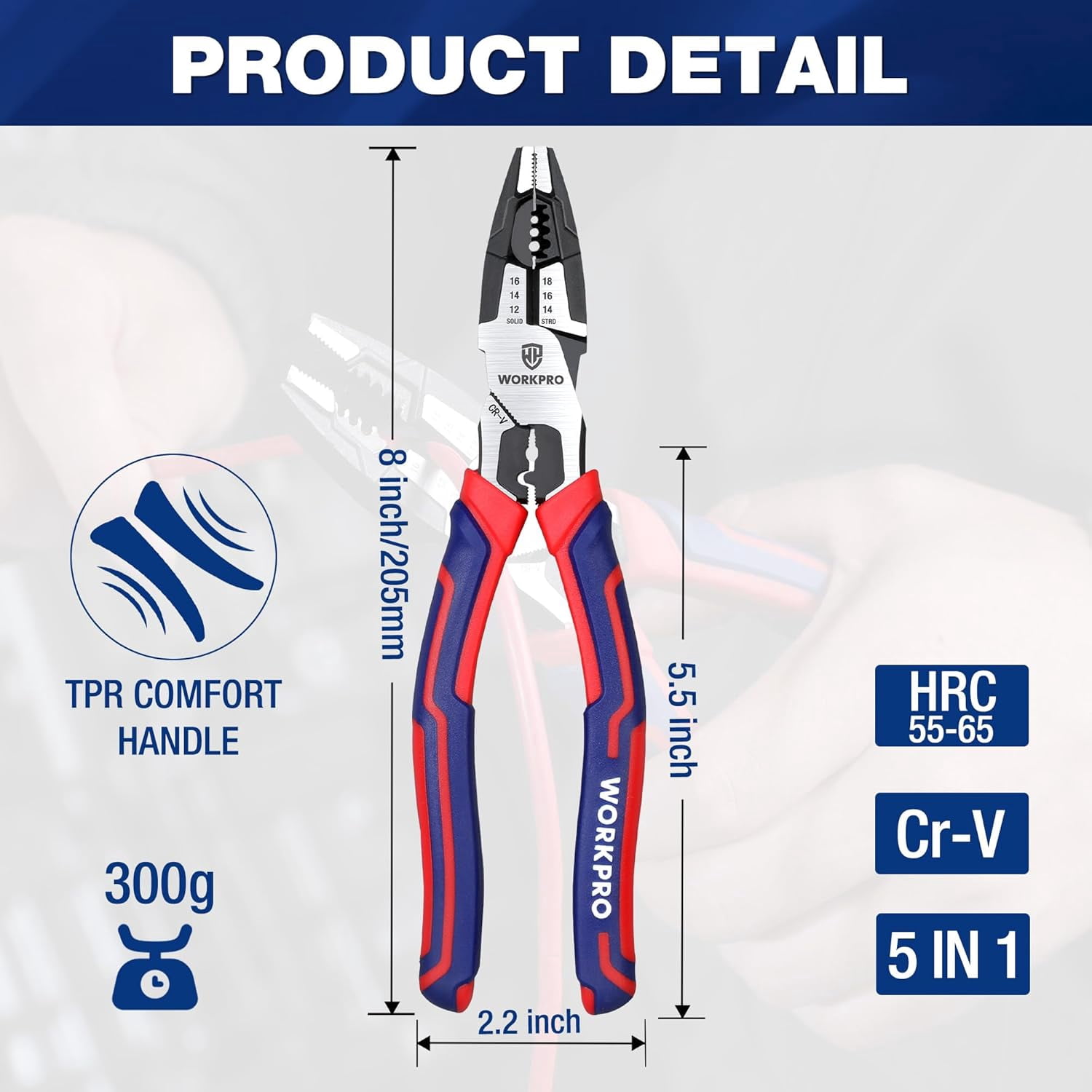 6-in-1 Linesman with Wire Cutter and Stripper, 8 Inch Multipurpose Combination , Premium CRV Steel Hand Tool Plier for Twisting Cutting Wires and Clamping Screws
