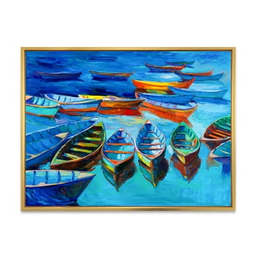 Designart 'Little Boats Wating In The Blue Harbour' Nautical & Coastal Framed Canvas Wall Art Print