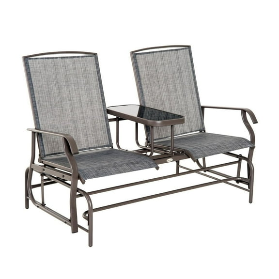 2-Person Outdoor Glider Bench with Table, Patio Rocking Chair Loveseat, Breathable Mesh, Backyard Front Porch Swing, Brown