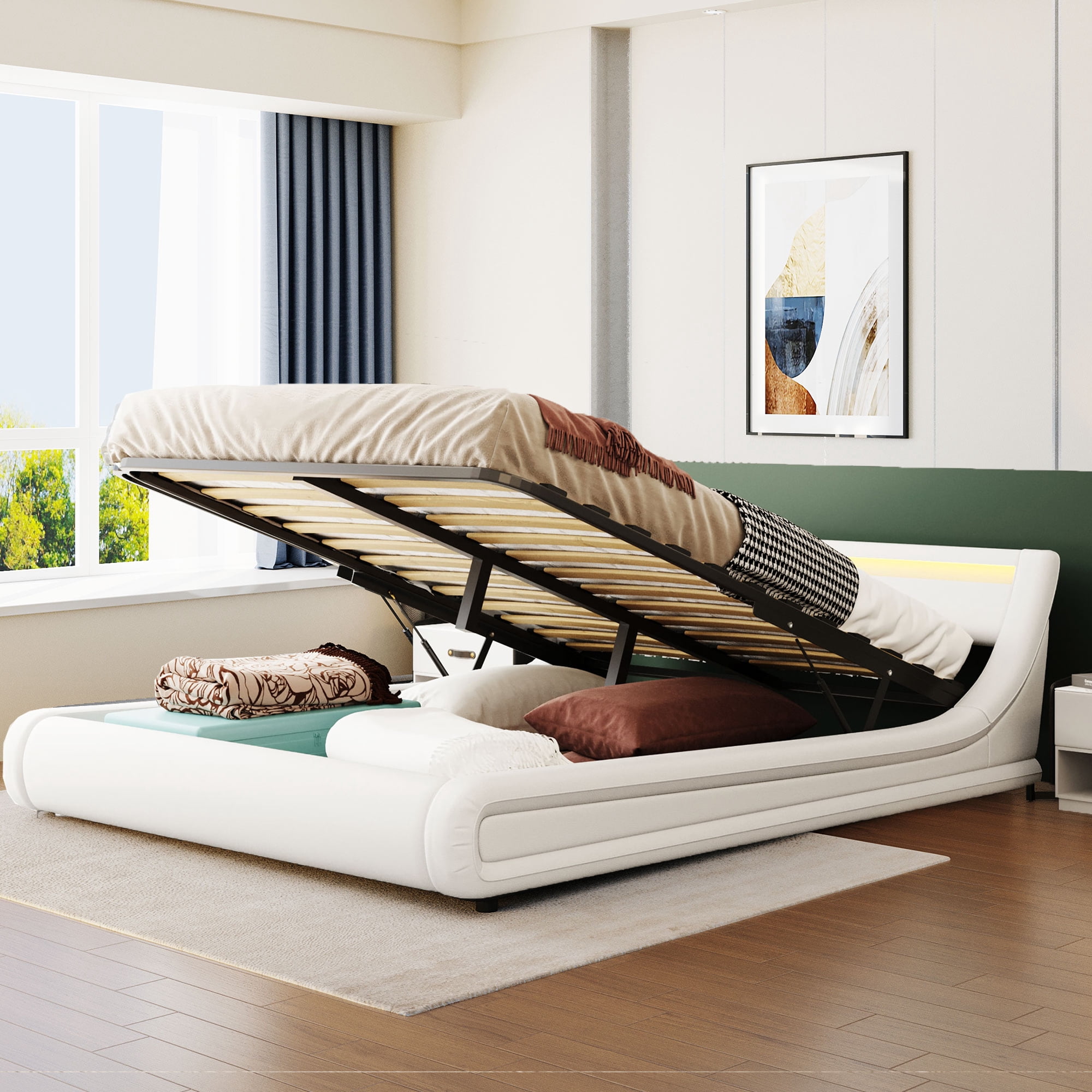 Upholstered Leather Platform bed with Gas Lift up Storage, Queen Size ...