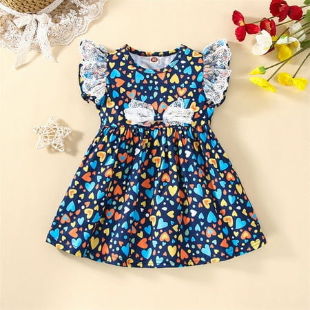 

Toddler Kids Girls Fly Sleeves Lace Bowknot Love Prints Princess Dress
