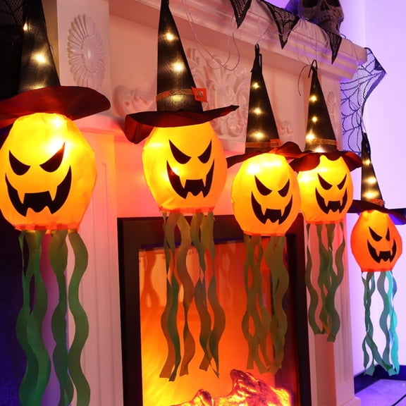 TETOU 5Pcs Hallowe'en Decorations Outdoor Hanging Lights, Glowing Pumpkin Witch Hat Led Scary Light for Indoor Outside Party Tree Garden Porch Hallowe'en Decoration - Warm Color