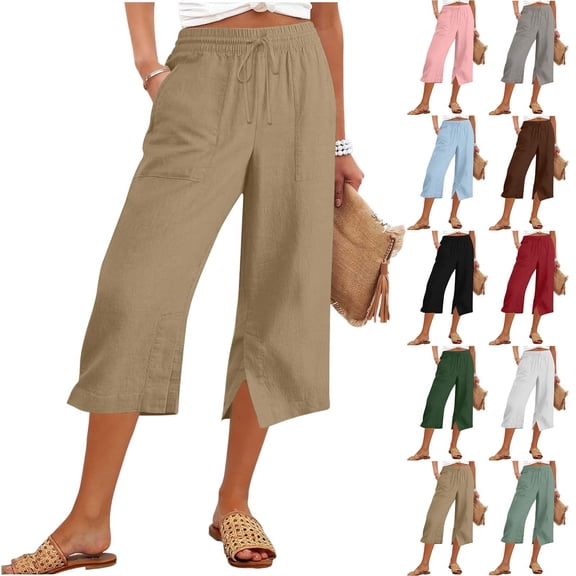 Womens Linen Capri Pants with Side Slits Pockets Drawstring Lightweight Beach Casual Summer Capris Sweatpants (XL, Khaki)