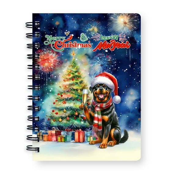 Merry Christmas and Happy New Year Santa Rottweiler Holiday Xmas Winter 2025 Spiral Bound Journal Rottie Dog Lover Gifts Idea 5x7in Spiral Notebook - 00024