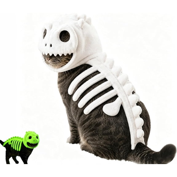 Dinosaur Skeleton Glow in Dark Cat Costume, Plush Halloween Pet Hood Outfit(45cm)