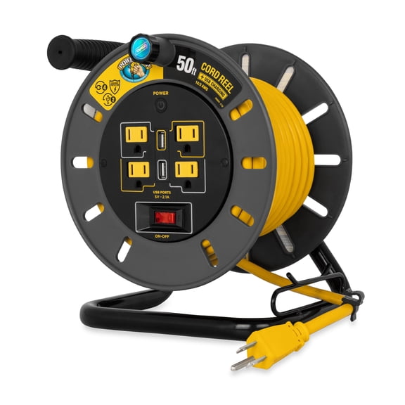Camco Power Grip 50-Foot Extension Cord Reel with USB Charging Ports (55291)