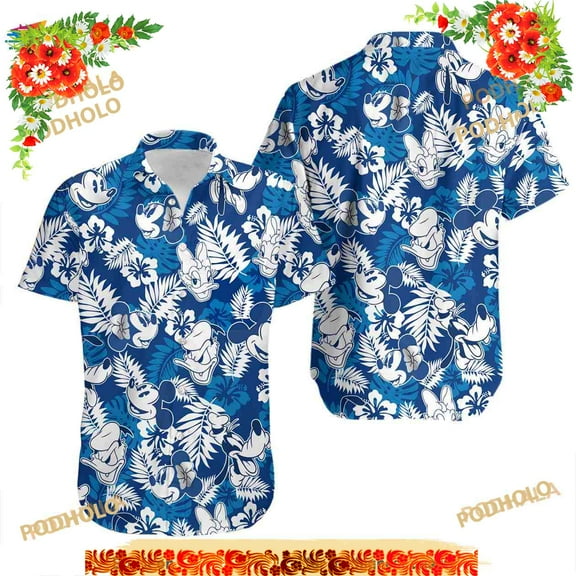 Mickey Friends Blue White Summer Tropical Disney Hawaiian Shirt