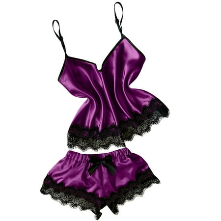 

Inleife Pajamas for Women Womens V-Neck Eyelash Lace Sexy Stain Camisole Pajamas Bowknot Shorts Set