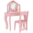 thumbnail image 1 of Qaba Coiffeuse pour Enfants avec Miroir Tri-Pliant, Chaise, Rose, 1 of 9