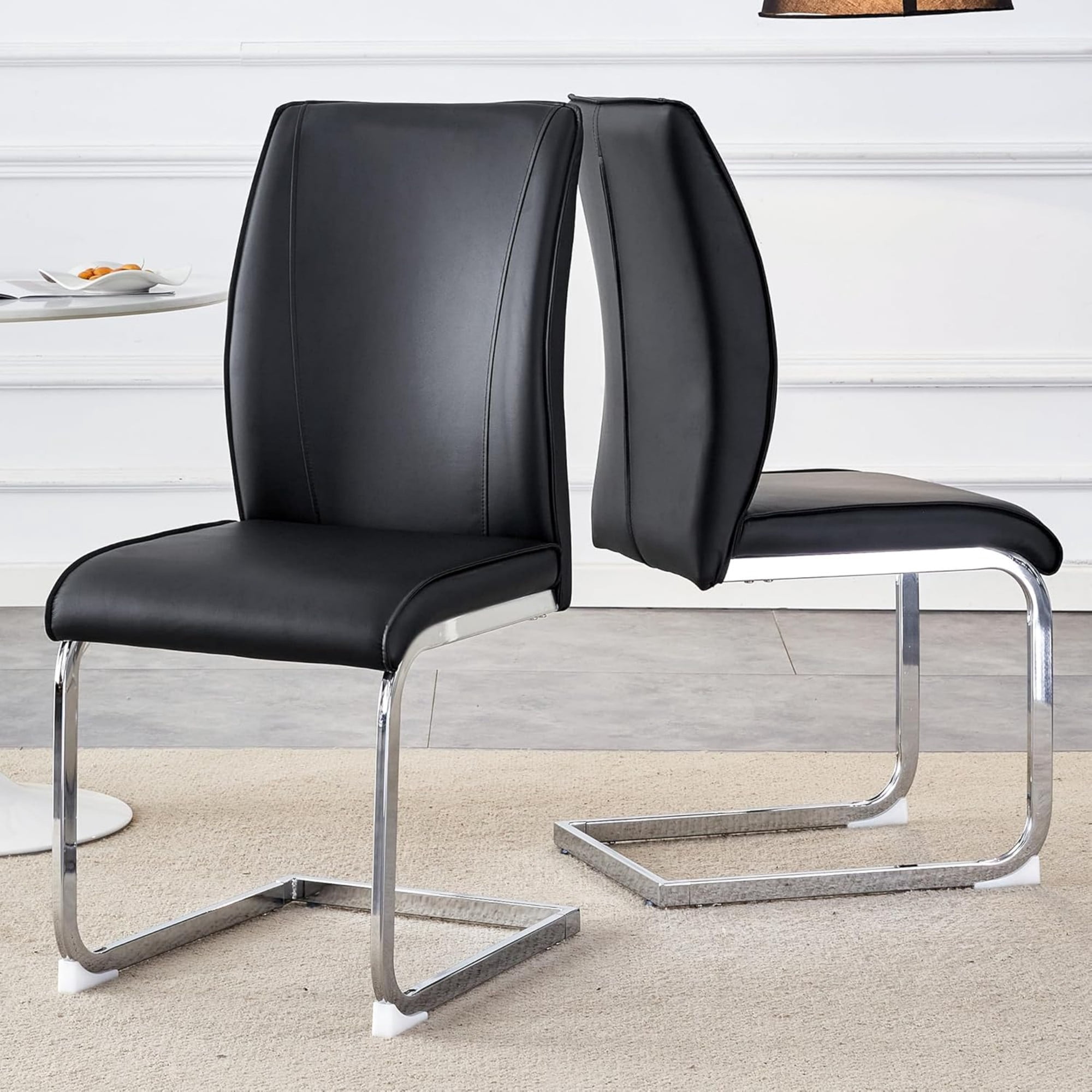 SUDICA Set of 4 Black PU Leather Dining Chairs, Modern High Back Upholstered Chairs with Chrome Metal Legs for Dining Room and Kitchen