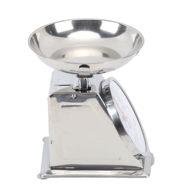 báscula mecánica de acero inoxidable anggrek báscula para alimentos con cuenco extraíble vista frontal 3/4, cuerpo trapezoidal plateado en acero inoxidable 304, cuenco redondo desmontable de aprox. 20,5 cm montado arriba, dial circular inclinado con escala visible para medición de ingredientes, base rectangular con patas, altura aprox. 25 cm; adecuada para medir cantidades en cocina.