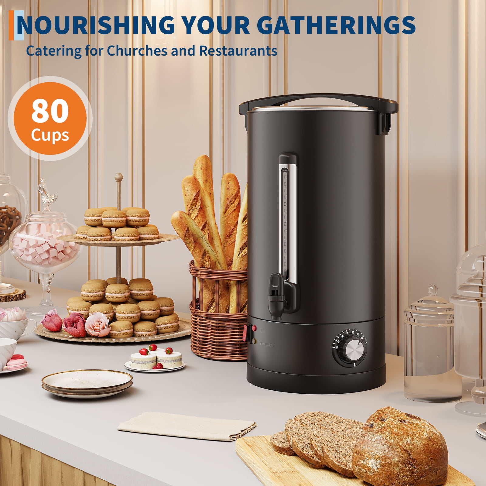 12L/80 Cups Coffee Urn-3.2 Gallon Double Wall Commerical Coffee Maker for Buffet Catering Wedding Gathering,Large Capacity Hot Coffee Dispenser,Stainless Steel Hot Water Urn-Black