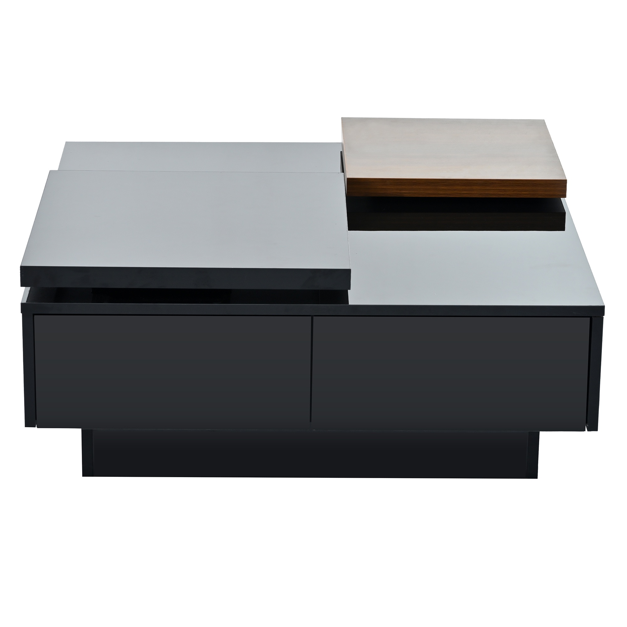 PORKISS Coffee Table, Wooden Coffee Table with Movable Top and High Gloss Finish, Freestanding Square Coffee Table with 4 Hidden Storage Drawers, Modern Cocktail Table for Living Room, Black