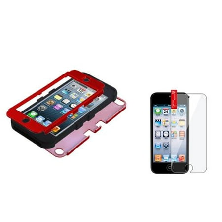 Insten Titanium Red/Black TUFF Hybrid Hard Case For iPod touch 6 6th 5 5th +Protector (2-in-1 Accessory