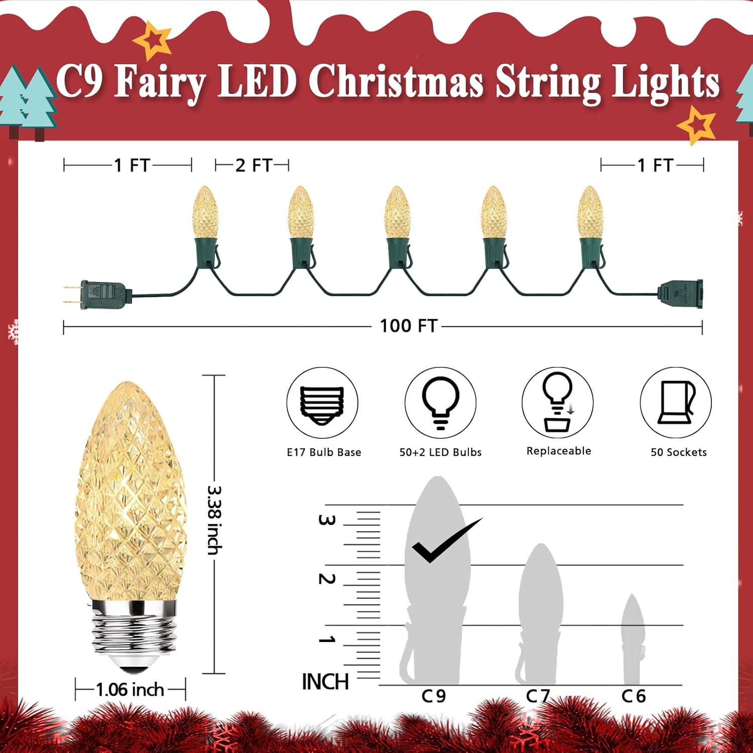 Nordic Hygge 100FT 50 LED Indoor Outdoor Christmas String Light for House Roof Patio Tree, Warm White