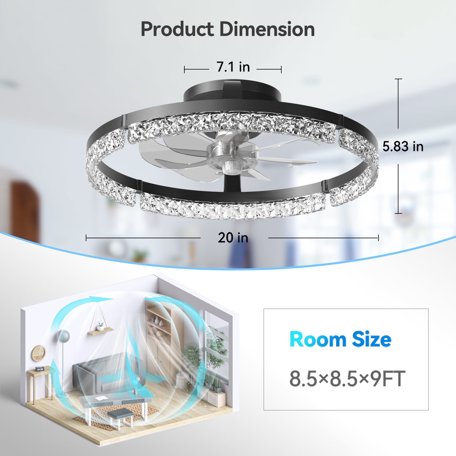 AIDEL 20" Ceiling Fan with Light, Flush Mount Low Profile, Smart App & Remote Control, Reversible DC Motor, Dimmable LED, Black